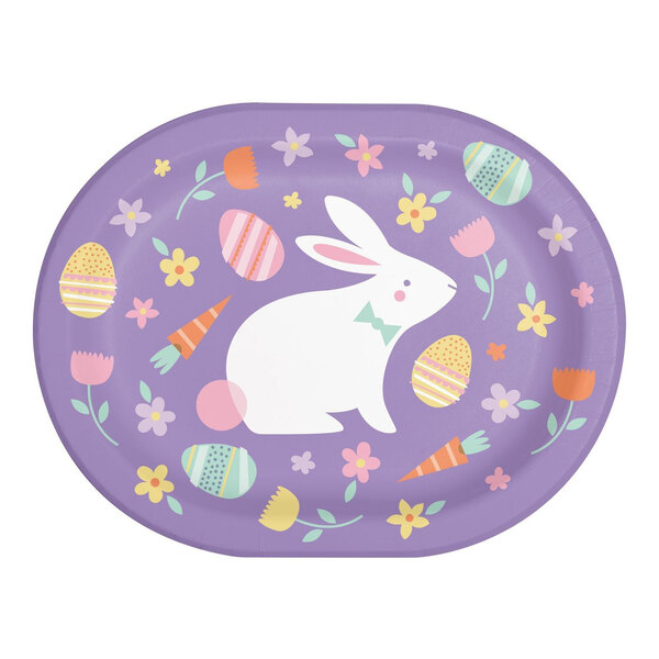 A purple oval paper plate with a white rabbit and eggs.