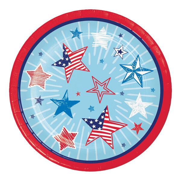 A white paper plate with blue stars and a red star with a blue background.