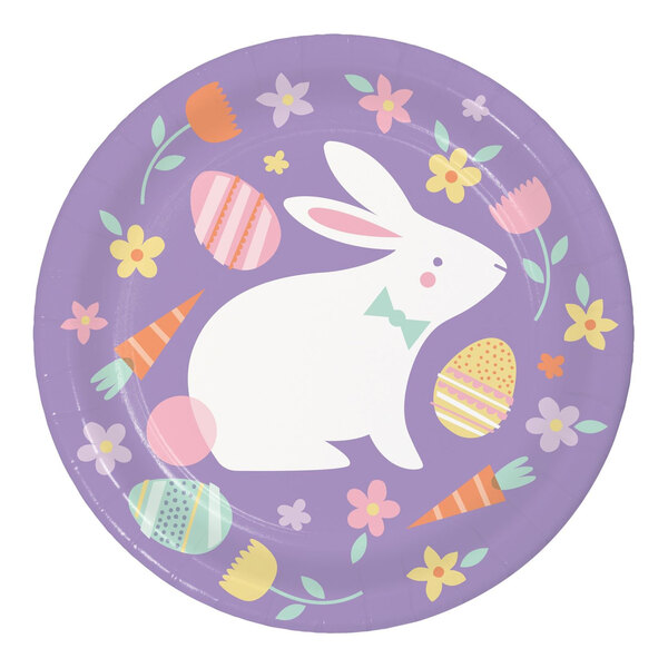 A purple paper plate with a white rabbit and eggs.