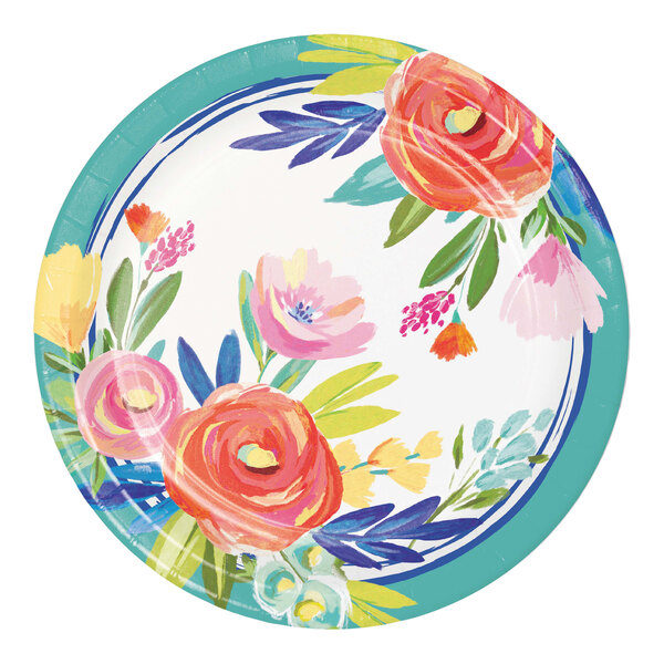 A round paper plate featuring a colorful floral design with a teal border.