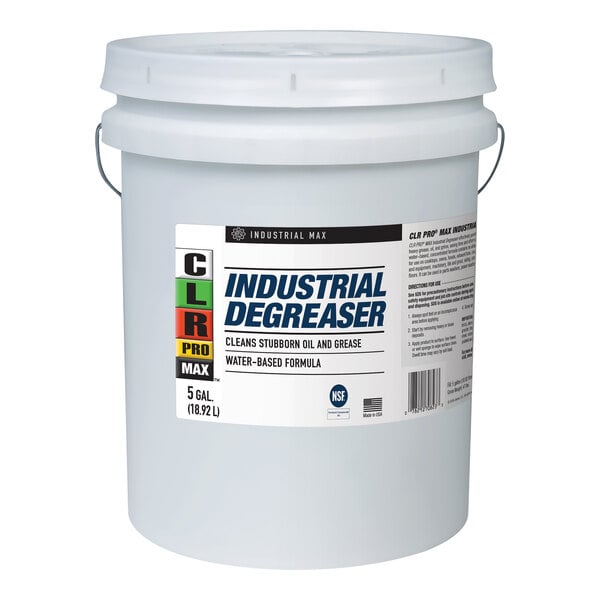 A white CLR Pro Max industrial degreaser bucket with a white lid and label.