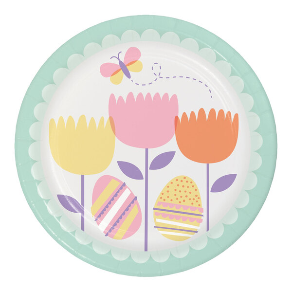 A Creative Converting paper plate with Easter eggs and flowers.