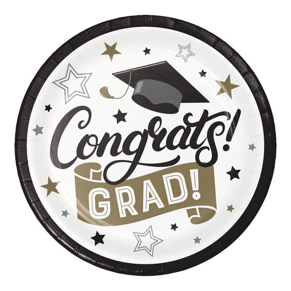 A white Creative Converting paper plate with "Congrats Grad!" in black and gold text.