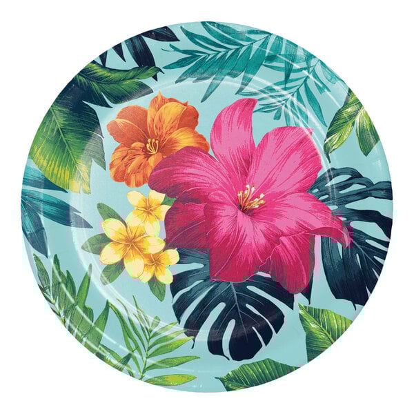 A Creative Converting tropical paper plate with flowers on it.
