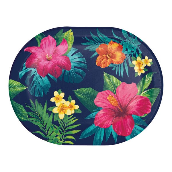 A blue oval paper platter with colorful tropical flowers and leaves.