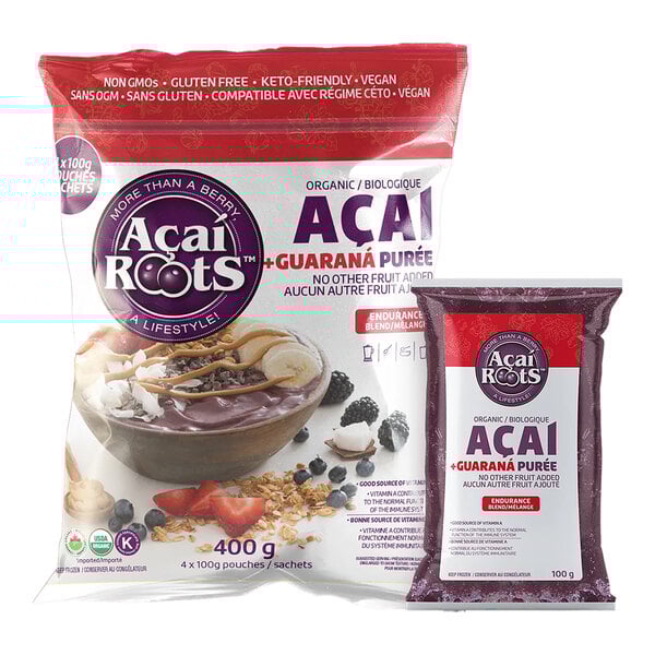An Acai Roots Acai and Guarana Puree pouch on a white background.