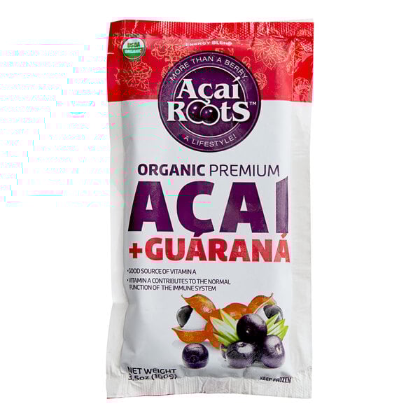 An Acai Roots red and white pouch of organic acai and guarana puree on a white background.