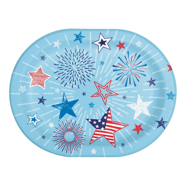 A blue oval Creative Converting paper platter with stars and fireworks in blue and red.