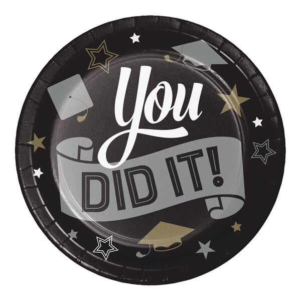 A white paper plate with black "You Did It" text and stars.