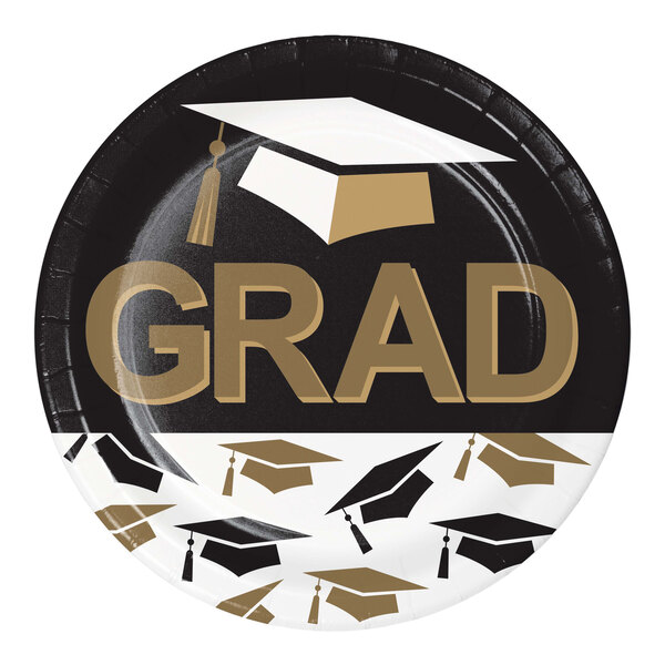 A round paper plate featuring the word 'GRAD' and graduation caps in black, gold, and white colors.