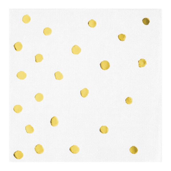 Creative Converting Touch of Color Foil 10" x 10" White / Gold Foil Polka-Dot Square 3-Ply 1/4 Fold Paper Beverage Napkin - 192/Case