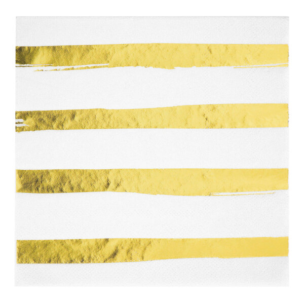 Creative Converting Touch of Color Foil 12 7/8" x 12 7/8" White / Gold Foil Stripe Square 3-Ply 1/4 Fold Paper Luncheon Napkin - 192/Case