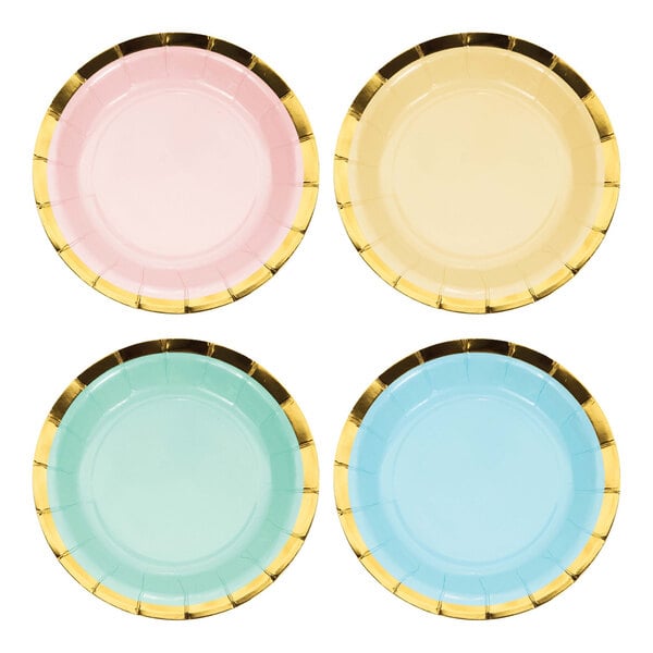 A group of Creative Converting round pastel paper plates with gold foil rims in blue, pink, green, and yellow.