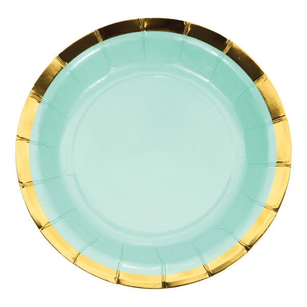 A mint green Creative Converting paper plate with a gold foil rim.