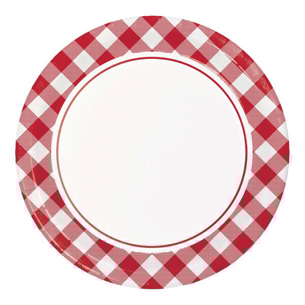 A red and white checkered paper plate with a gingham pattern.