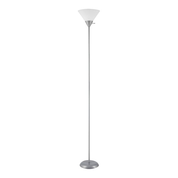 A 72-inch silver floor lamp with a white plastic shade and an on/off rotary switch on the shade.