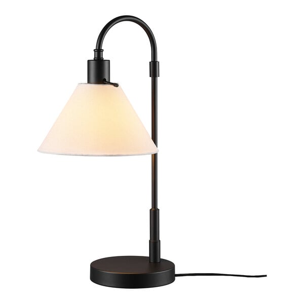 A 20-inch matte black table lamp with a white fabric shade and a rotary switch on the socket.