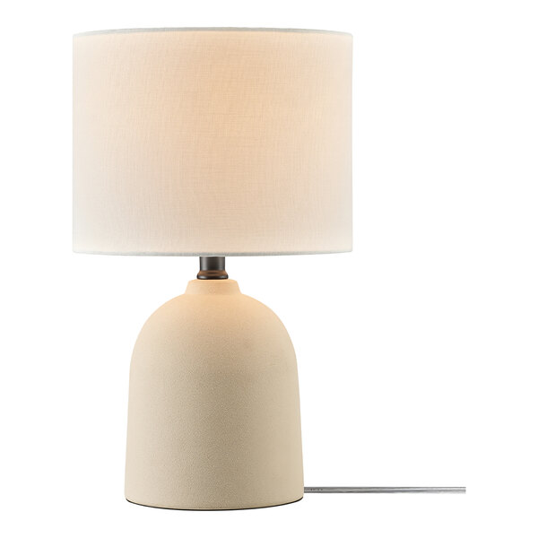 A 15-inch table lamp with a light concrete ceramic base and a white linen shade.