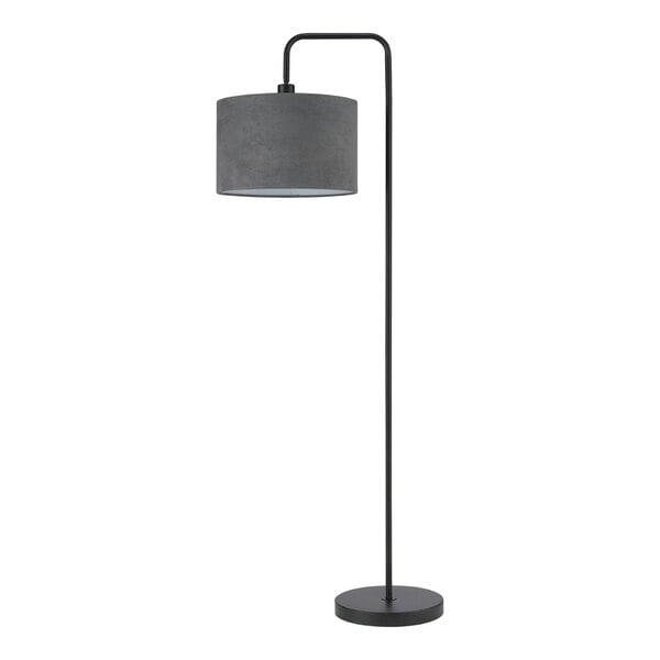 A black floor lamp with a dark gray velvet drum shade and a round base.
