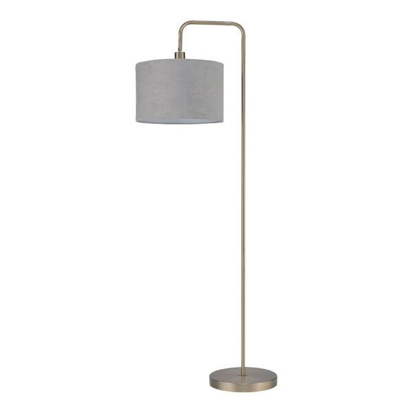 A brass floor lamp with a light gray velvet drum shade and an on/off socket rotary switch.