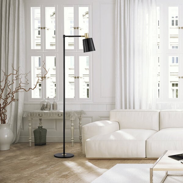 A 60-inch black floor lamp with a satin finish and gold accents.