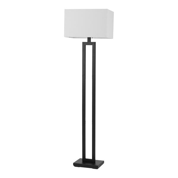 A 58-inch floor lamp with a matte black geometric base and a white linen rectangular shade.