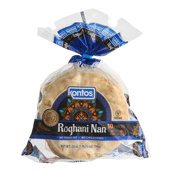 A bag of Kontos Roghani Naan in a plastic bag.
