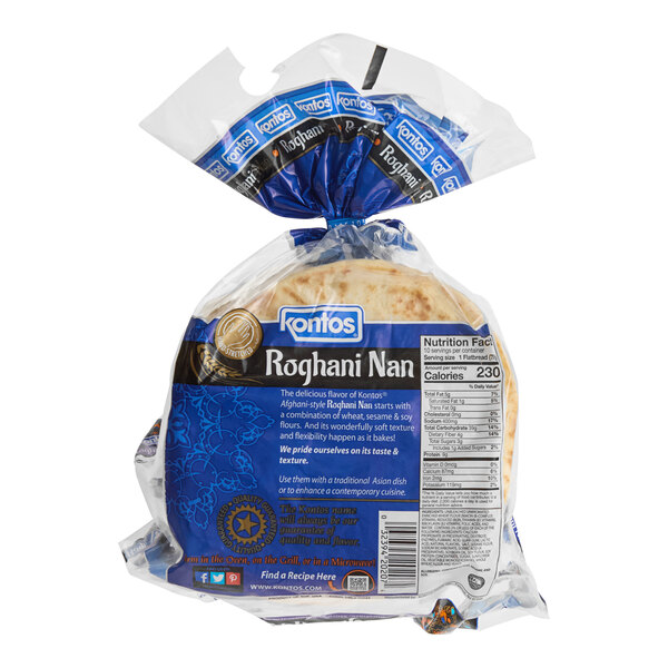 A bag of Kontos Roghani Naan bread with a label.