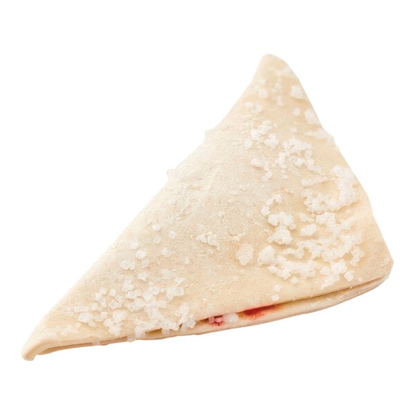 A raspberry turnover with sugared dough and a triangular shape.