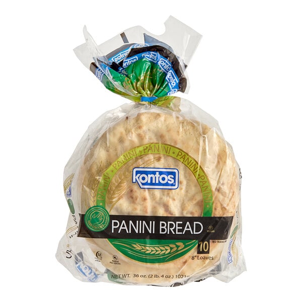 A case of Kontos Panini bread in a plastic bag.