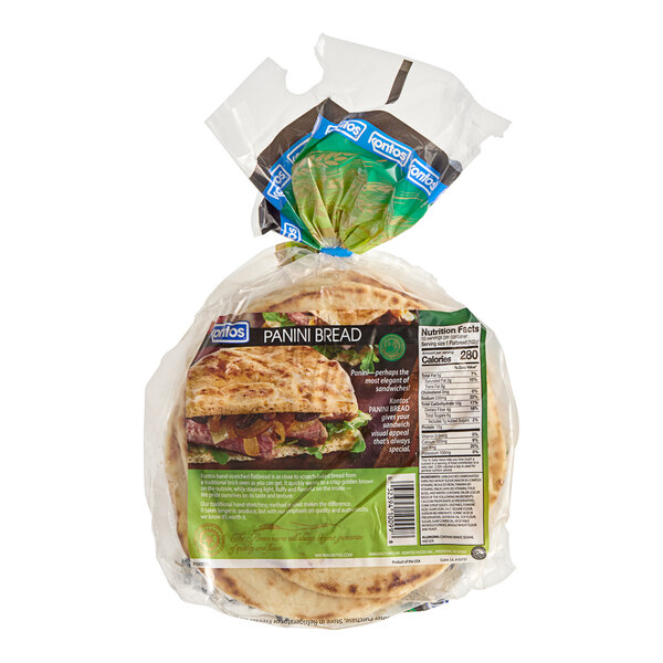 A bag of Kontos Panini Bread with a label on a white background.