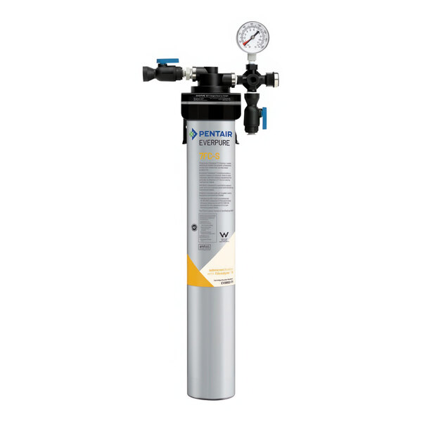 An Everpure water filtration system with a grey cylinder and yellow and white text.