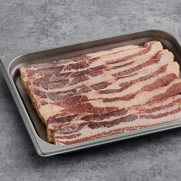 Tender Belly Applewood Double Smoked Sliced Bacon in a tray.