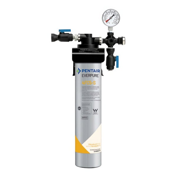 An Everpure water filtration system with a gauge on a grey cylinder.