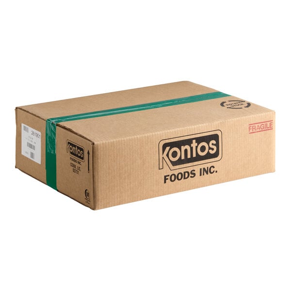 A cardboard shipping box labeled 'Kontos Foods Inc.' with green tape and a 'Fragile' stamp on the side.