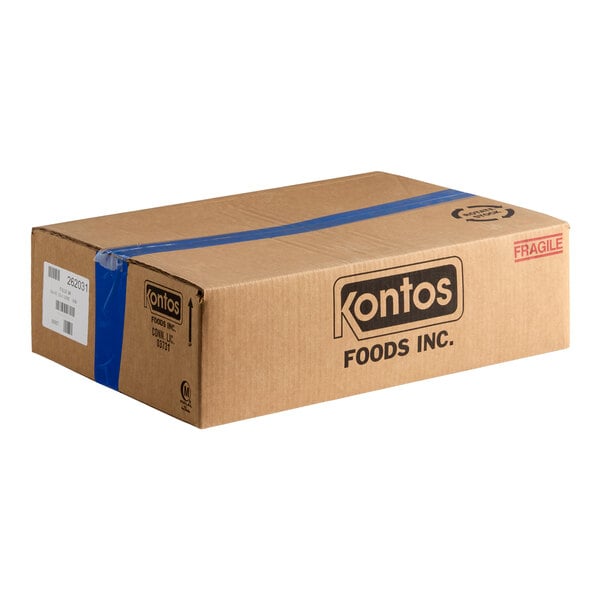 A sealed brown cardboard box labeled 'Kontos Foods Inc.' with blue tape and a 'Fragile' stamp on the side.