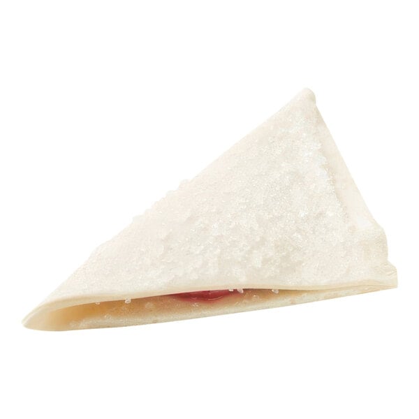 A triangular white turnover with cherry filling and a strawberry on top.