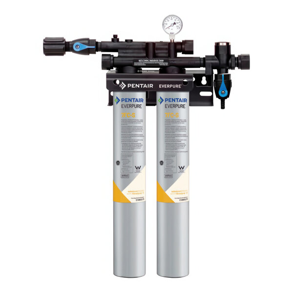 The Everpure EV920292 Twin Water Filtration System with two water filters, blue and yellow labels.