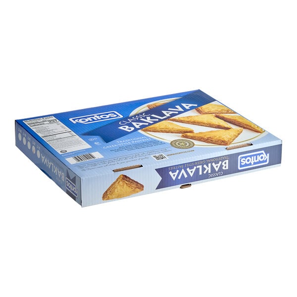 A blue box of Kontos Classic Baklava pastries.
