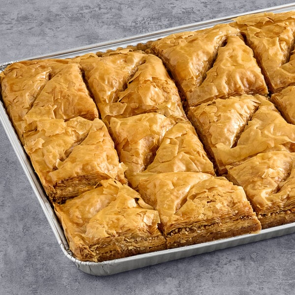 A tray of Kontos Classic Baklava on a table.