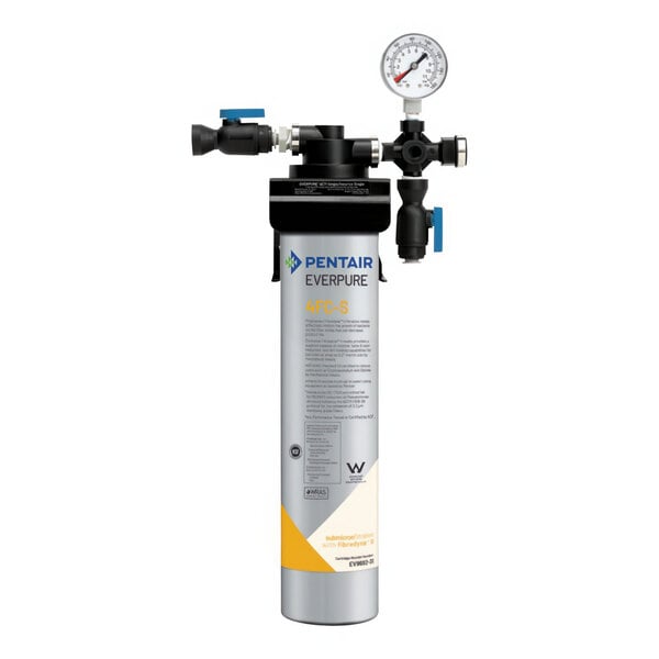 An Everpure water filter system with a grey cylinder and a gauge.