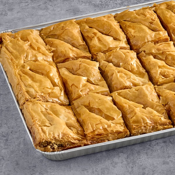 A tray of Kontos Classic Baklava on a gray surface.