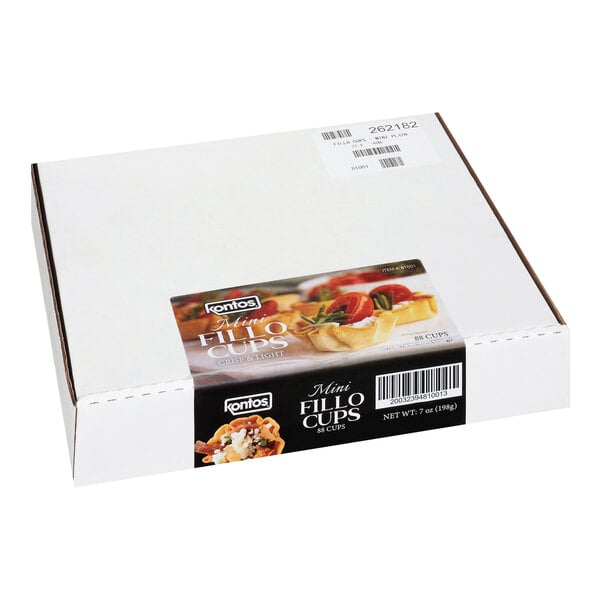 A white rectangular box labeled 'Kontos Mini Fillo Cups' with images of filled pastry cups on the front.