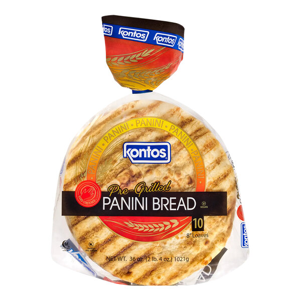 A package of Kontos Pre-Grilled Panini Bread on a white background.