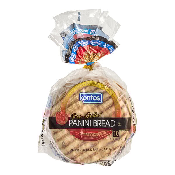 A group of Kontos Pre-Grilled Panini Bread in plastic bags.
