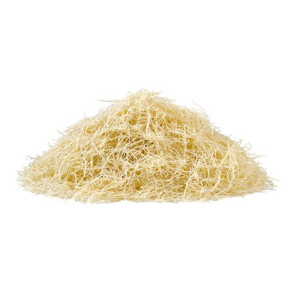 A pile of shredded white Kontos Kataifi dough on a white background.