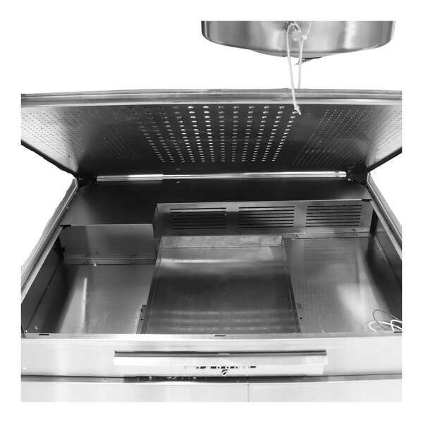 A stainless steel Paragon Zenith countertop popcorn machine with a lid open.