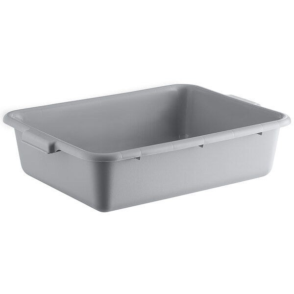 A gray rectangular polypropylene utility bin with handles on the sides.