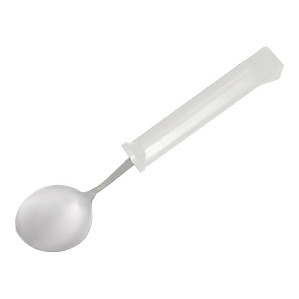 A Richardson Products Inc. white soup spoon with a plastic handle.