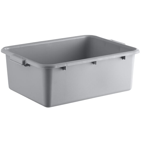 A gray polypropylene utility bin with dimensions of 20 inches by 15 inches by 7 inches.